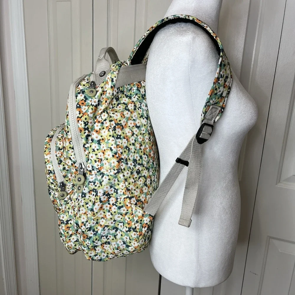 Kipling Laptop Computer Backpack, Fresh Floral Beige Green Orange Commuter Bag